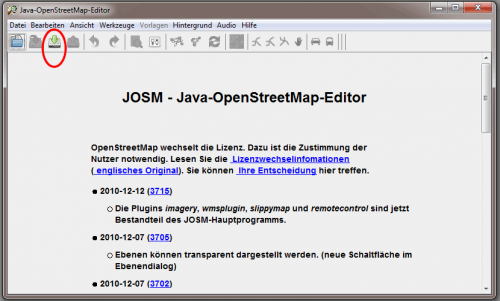 JOSM Startbildschirm