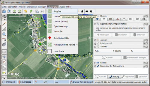JOSM mit Daten und Sat-Hintergrund